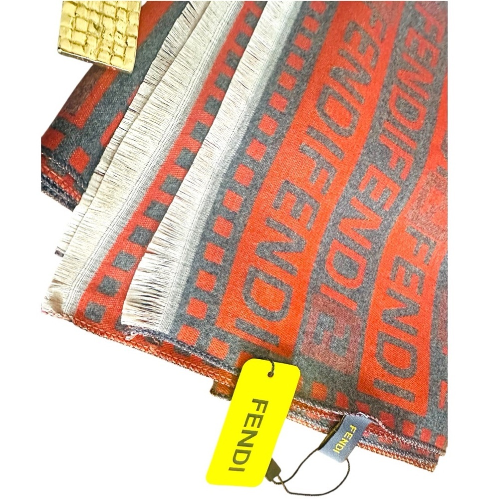 NWT Fendi Deep Orange & Slate Gray Cashmere Silk Blend Scarf Shawl Wrap 26”x76” - Picture 6 of 8
